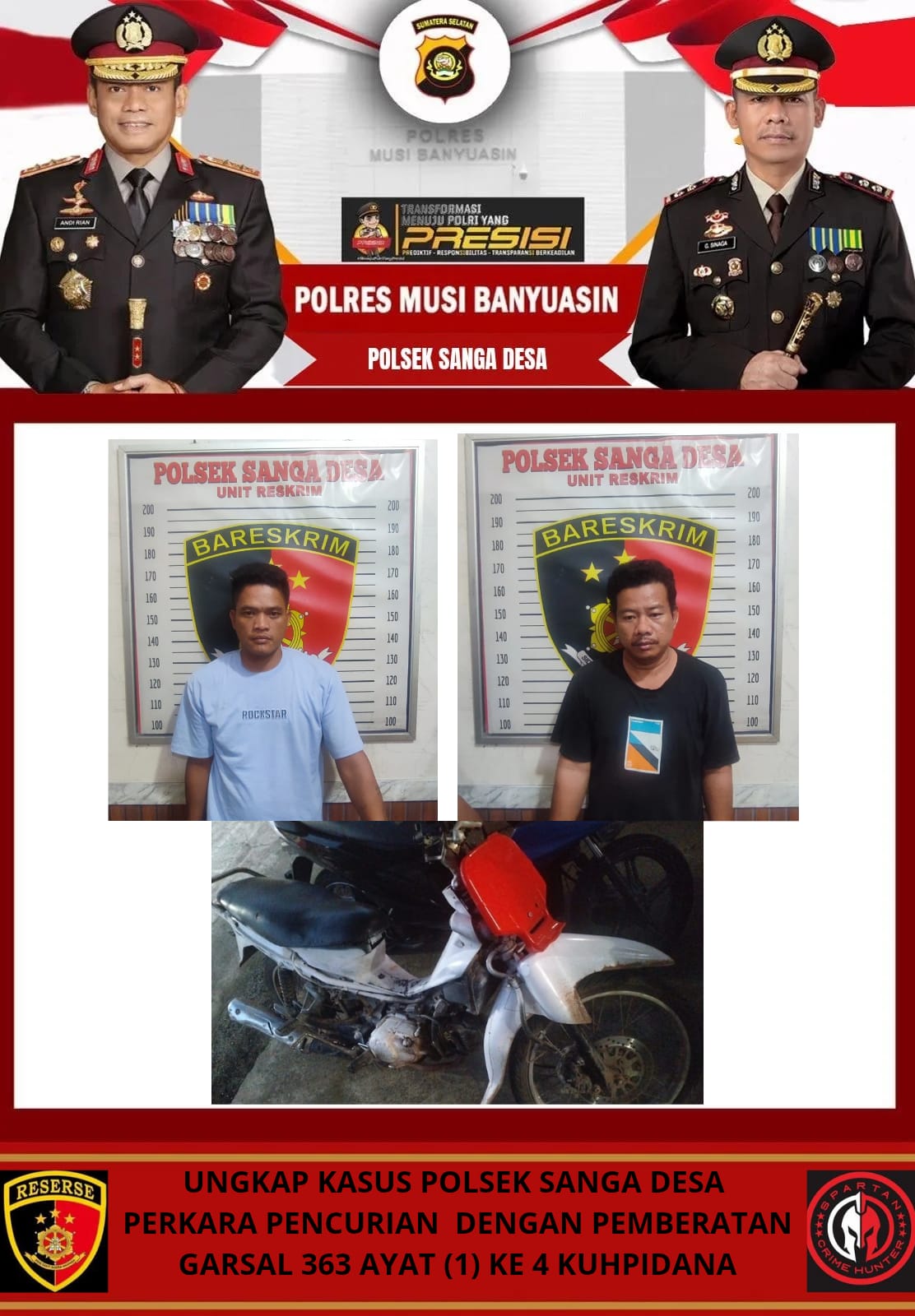 2 Pelaku Curanmor Ditangkap Polsek Sanga Desa Disungai Petai